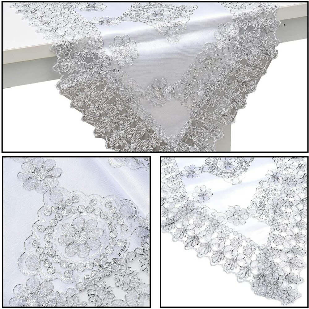 Table Runner 72" Long White Silver Floral Flower Embroidered Pattern Rustic Lace